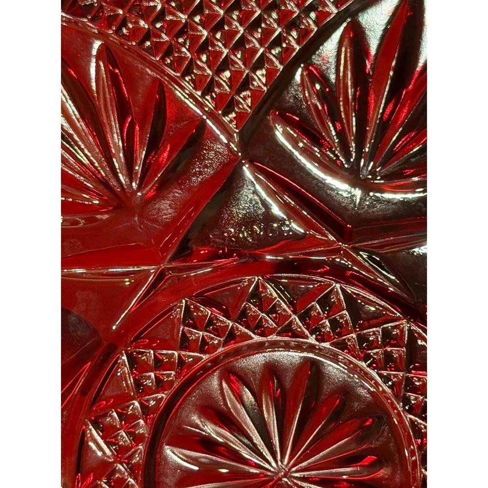 Vintage Ruby Red Glass Dessert Plates Set of 2 Starburst MADE IN FRANCE